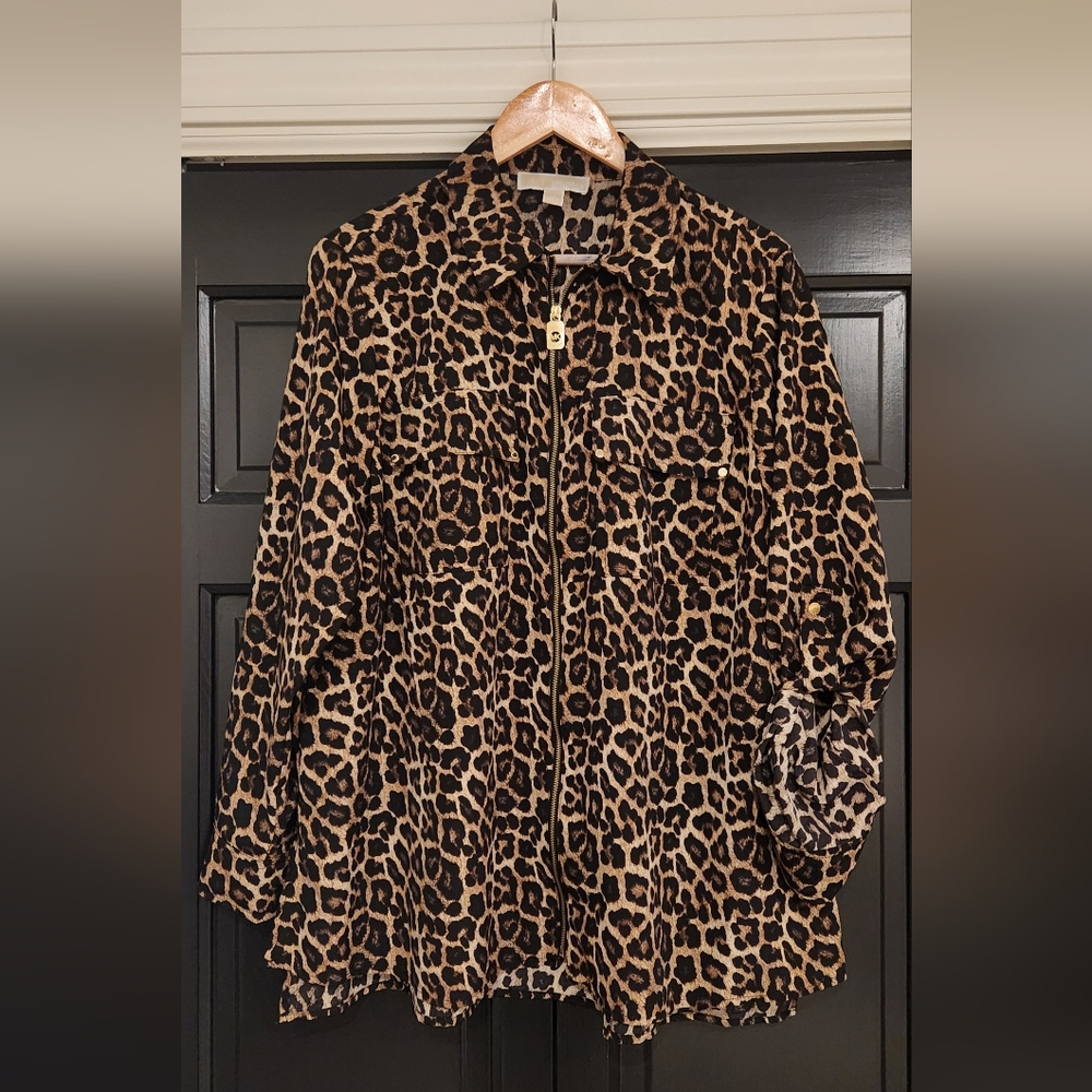 Michael Kors Womens Leopard Print Utility Shirt Button Cuffs Size 1X